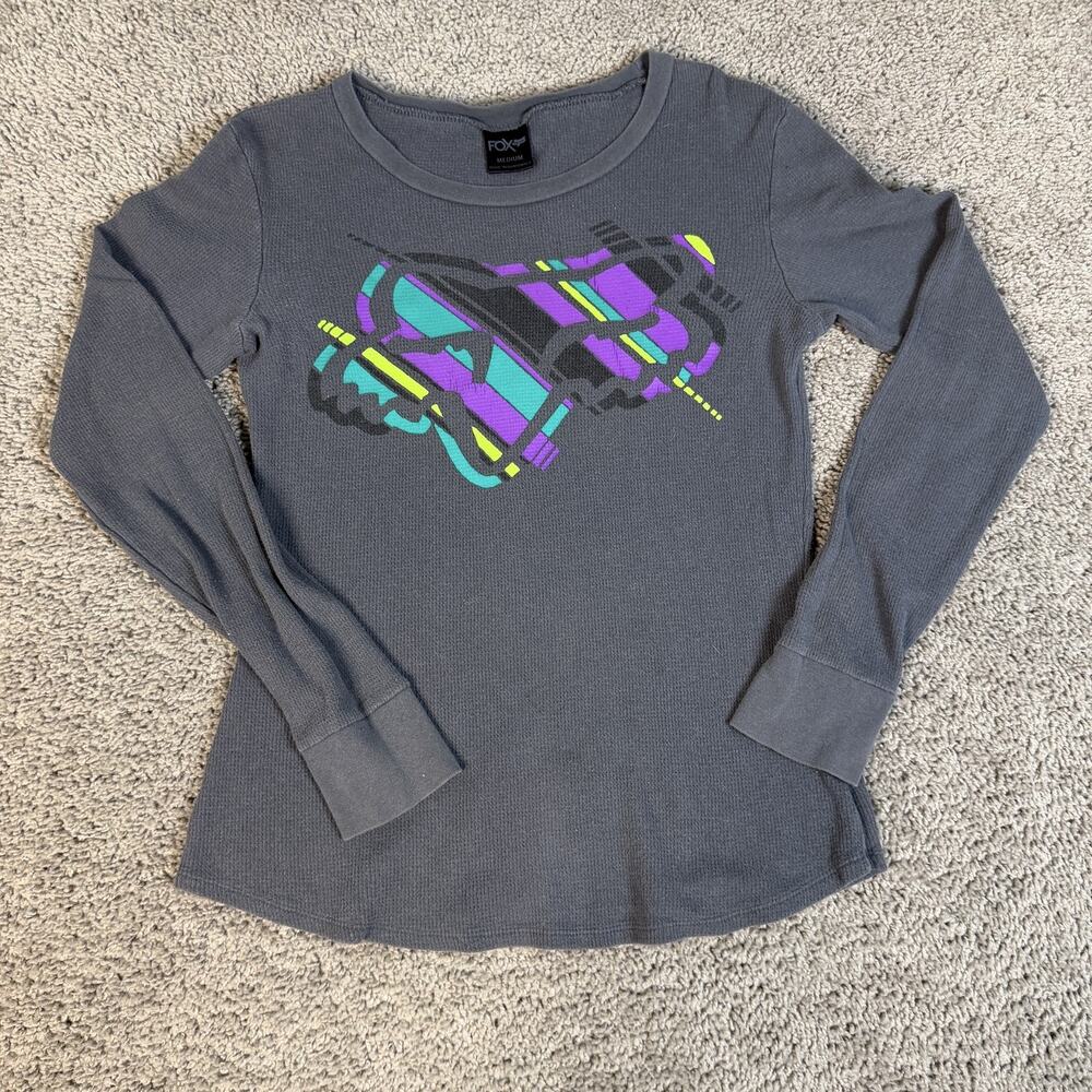 Fox Shirt Girls M Gray Long Sleeve Thermal Cotton Crew Neck Graphic Pullover